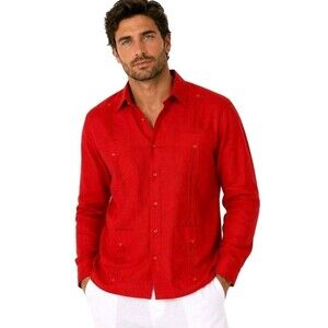 Bohio Men's Shirt 100% Soft Linen Guayabera Red Traditional 4-Pocket